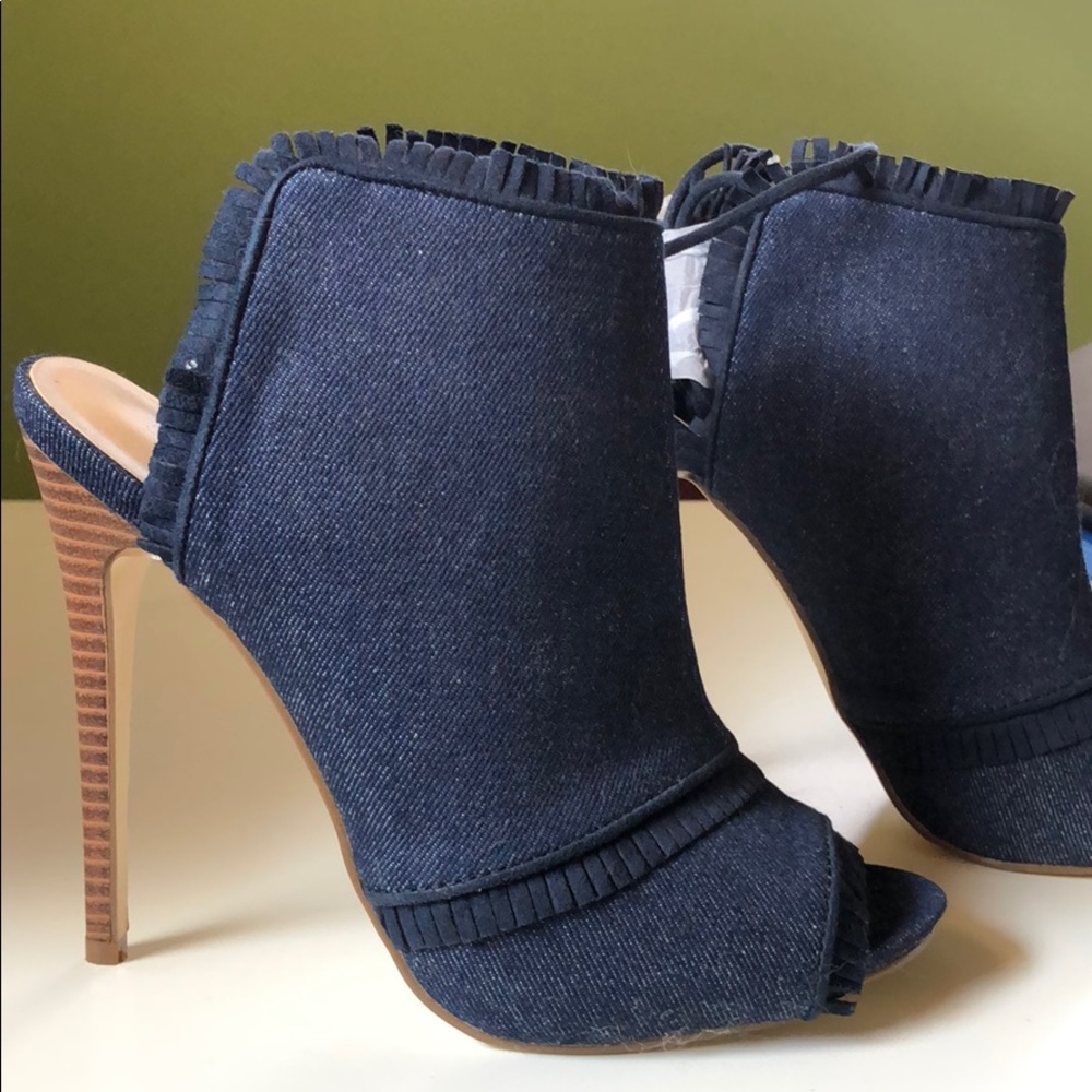 NWOT denim open toe high heels